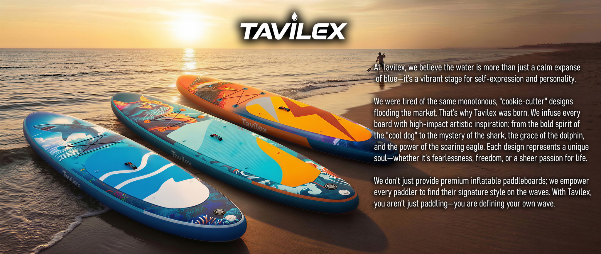 Tavilex paddle boards arranged on the beach
