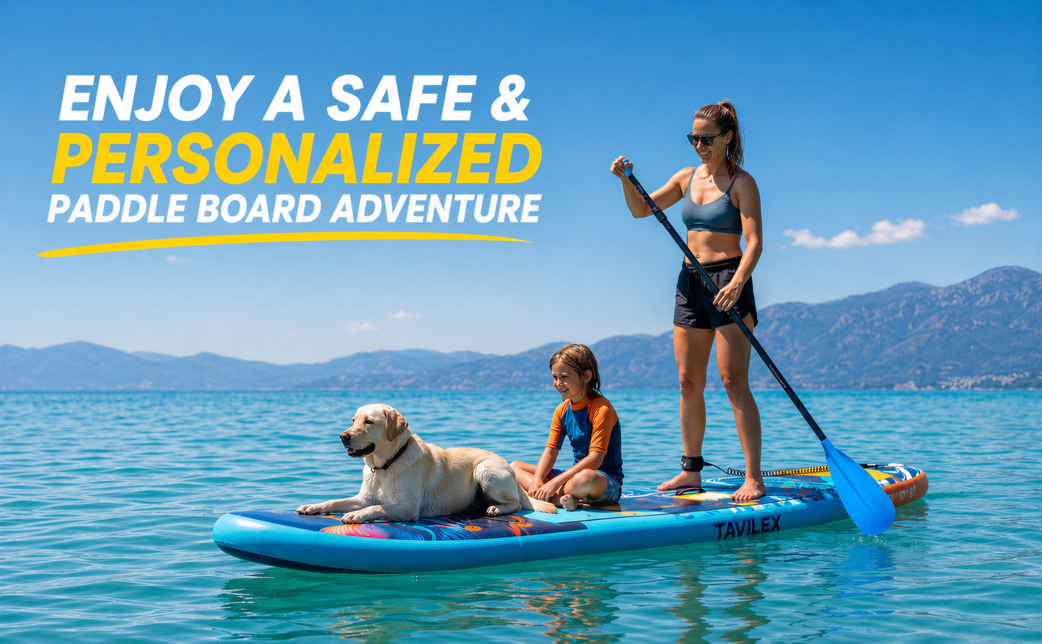 Family enjoying a Tavilex paddle board on a calm lake