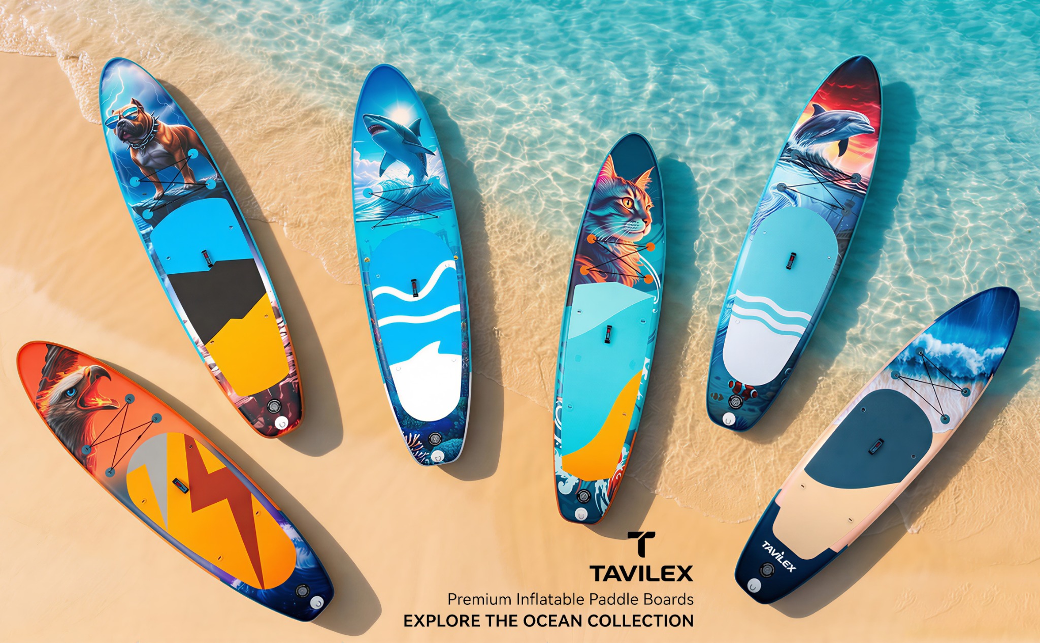 Six colorful Tavilex boards in clear ocean water